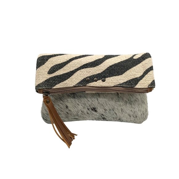Bhrayna Zebra Design Fold Over Cotton & Leather Clutch - Picture 1 of 10